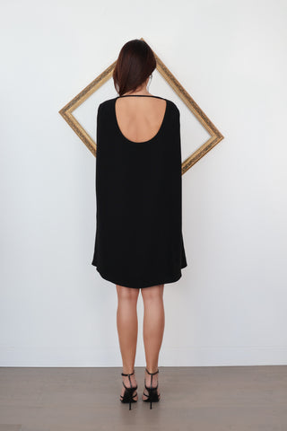 Maje black cape mini dress with grey sheer front panel and open back detail