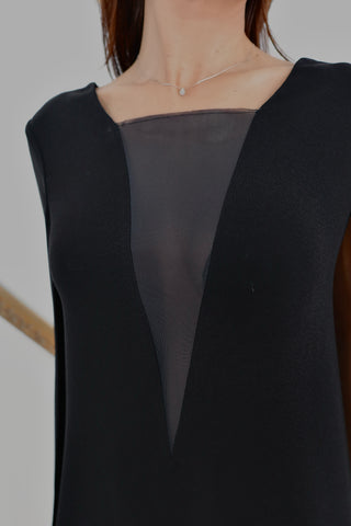 Maje black cape mini dress with grey sheer front panel and open back detail