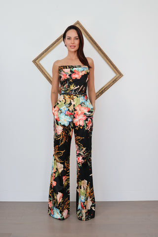 Leo Lin black floral strapless playsuit with wide leg pants mesh panel and belt detail