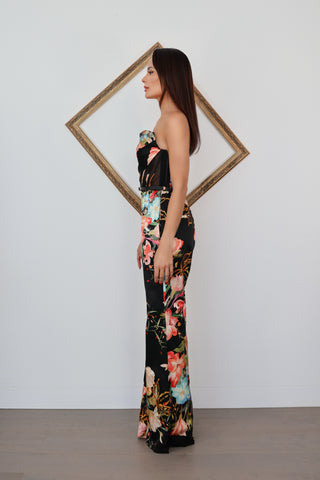 Leo Lin black floral strapless playsuit with wide leg pants mesh panel and belt detail