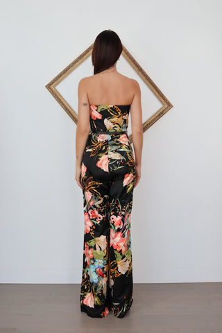Leo Lin black floral strapless playsuit with wide leg pants mesh panel and belt detail