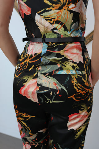 Leo Lin black floral strapless playsuit with wide leg pants mesh panel and belt detail
