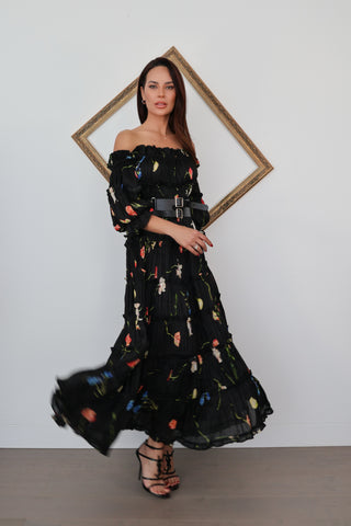 Leo Lin black floral off shoulder gown with tiered skirt and double buckle belt detail