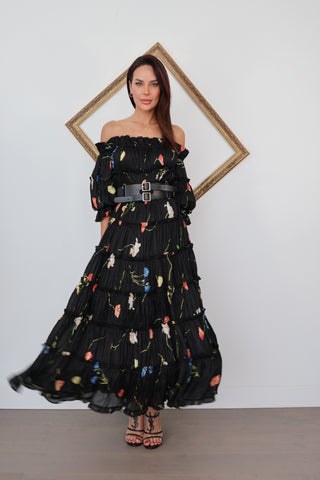 Leo Lin black floral off shoulder gown with tiered skirt and double buckle belt detail