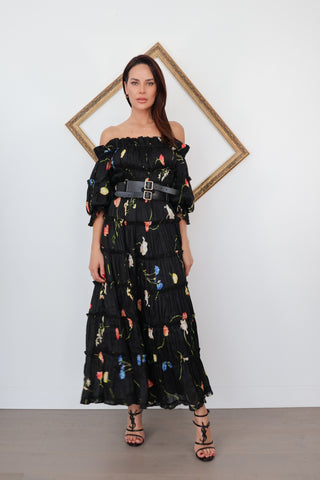 Leo Lin black floral off shoulder gown with tiered skirt and double buckle belt detail