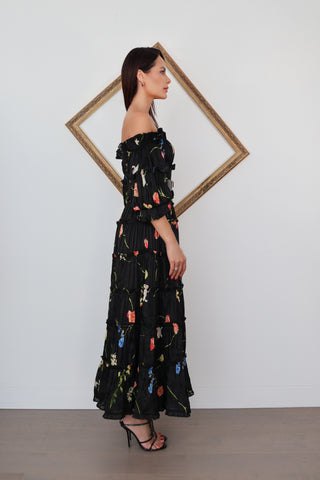 Leo Lin black floral off shoulder gown with tiered skirt and double buckle belt detail
