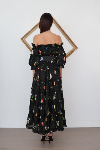 Leo Lin black floral off shoulder gown with tiered skirt and double buckle belt detail