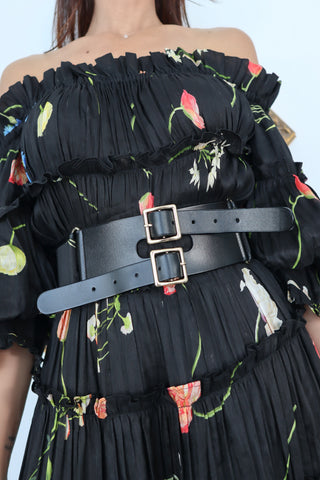 Leo Lin black floral off shoulder gown with tiered skirt and double buckle belt detail