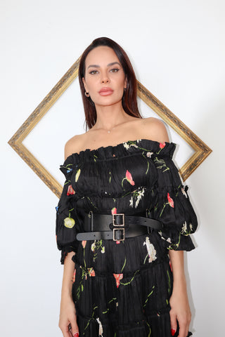 Leo Lin black floral off shoulder gown with tiered skirt and double buckle belt detail