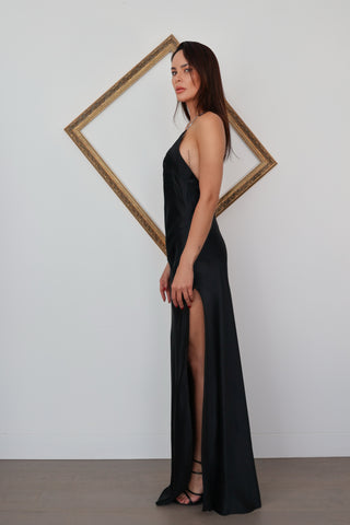 Michael Lo Sordo black silk backless gown with plunging neckline crystal strap detail and high side split elegant evening dress