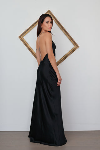 Michael Lo Sordo black silk backless gown with plunging neckline crystal strap detail and high side split elegant evening dress