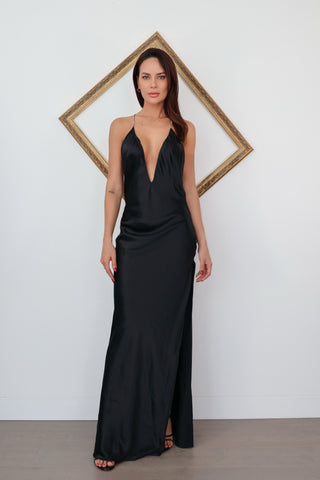 Michael Lo Sordo black silk backless gown with plunging neckline crystal strap detail and high side split elegant evening dress