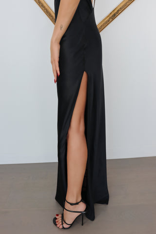 Michael Lo Sordo black silk backless gown with plunging neckline crystal strap detail and high side split elegant evening dress