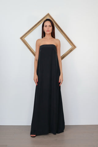 Ginger and Smart black strapless silk gown with relaxed fit column silhouette and side pockets elegant evening dress