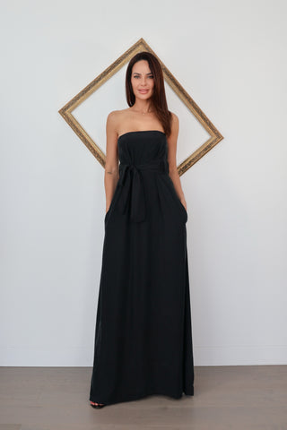 Ginger and Smart black strapless silk gown with relaxed fit column silhouette and side pockets elegant evening dress