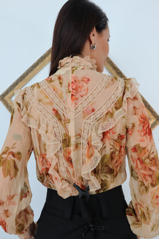 Zimmermann silk floral lace trim blouse yellow sheer long sleeve with lace back detail