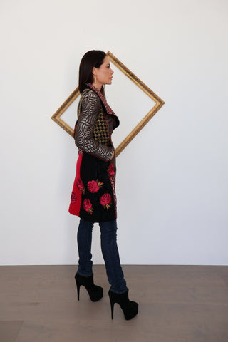 Desigual multicolour patchwork coat with geometric prints.