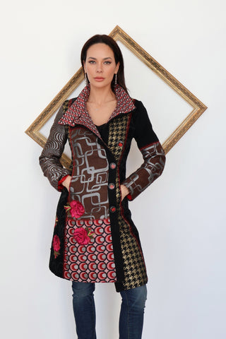 Front view of Desigual multicolour patchwork coat with geometric prints.