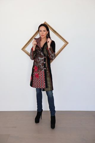 Desigual multicolour patchwork coat with geometric prints.