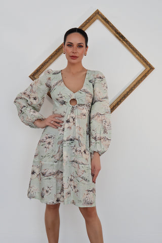 Zimmermann mint floral linen cut-out midi dress, long sleeve, size 0, photographed front and back for Luxury Kulture.