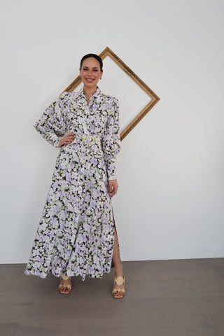 Zimmermann floral thick linen belted midi shirt dress with long sleeves, size 1, photographed on model.