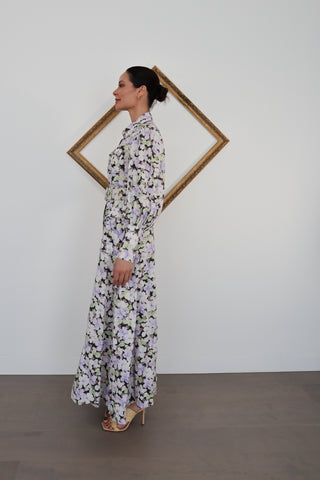 Zimmermann floral thick linen belted midi shirt dress with long sleeves, size 1, photographed on model.
