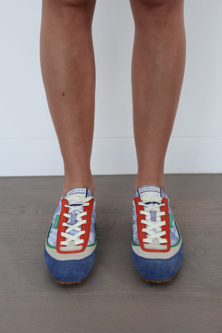 Zimmermann multicolour sneakers with elastic back, size 38, photographed on model showing suede panels and colour-blocked design.