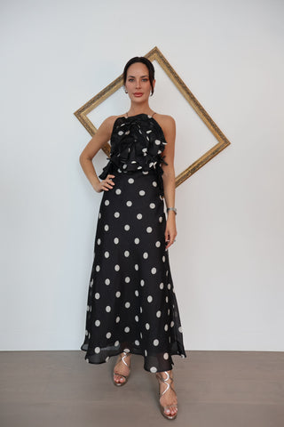 Zimmermann Crush black polka-dot ruffled linen and silk gown size 0.