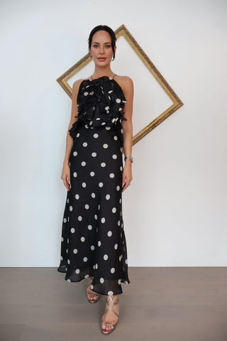 Zimmermann Crush black polka-dot ruffled linen and silk gown size 0.
