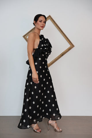 Zimmermann Crush black polka-dot ruffled linen and silk gown size 0.