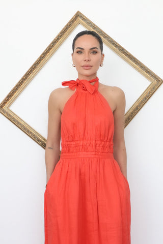 Zimmermann Halter Neck Linen Midi Dress Orange – Size 0