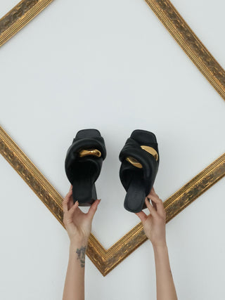 JW Anderson Chain Twist Black Leather Mules with Gold Chain - 36