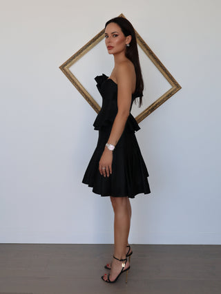 Acler Davies black asymmetric strapless top and matching skirt set