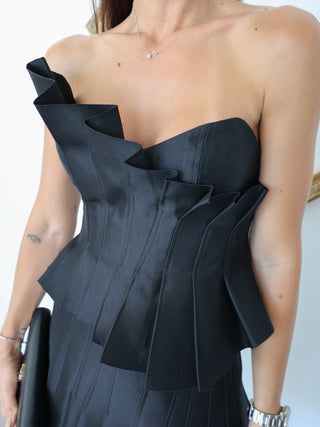 Acler Davies black asymmetric strapless top and matching skirt set