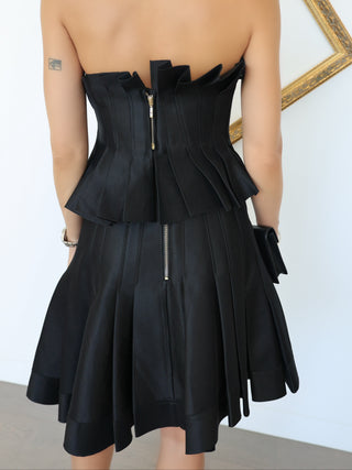 Acler Davies black asymmetric strapless top and matching skirt set