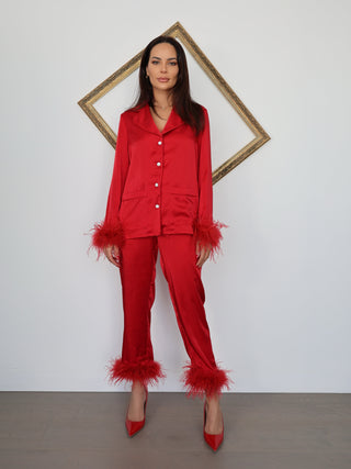 Nadine Merabi Darcie red silk satin pyjama set with feather-trim cuffs and hems, size XS.
