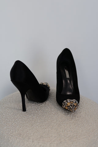 Louis Vuitton black leather pointed-toe heels with metallic embellished toe caps and slim stiletto heels, size EU 37.