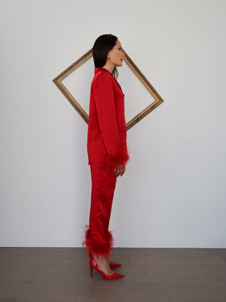 Nadine Merabi Darcie red silk satin pyjama set with feather-trim cuffs and hems, size XS.