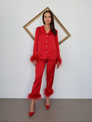 Nadine Merabi Darcie red silk satin pyjama set with feather-trim cuffs and hems, size XS.