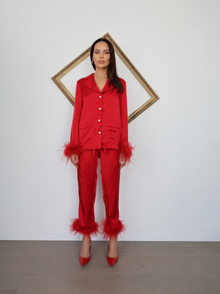 Nadine Merabi Darcie red silk satin pyjama set with feather-trim cuffs and hems, size XS.