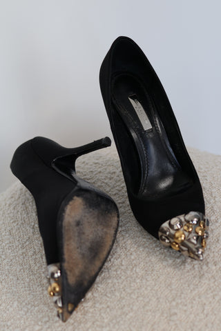 Louis Vuitton black leather pointed-toe heels with metallic embellished toe caps and slim stiletto heels, size EU 37.