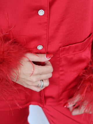 Nadine Merabi Darcie red silk satin pyjama set with feather-trim cuffs and hems, size XS.