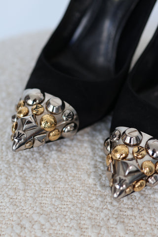 Louis Vuitton black leather pointed-toe heels with metallic embellished toe caps and slim stiletto heels, size EU 37.
