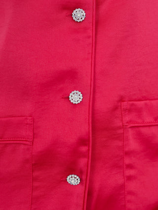 Nadine Merabi Darcie red silk satin pyjama set with feather-trim cuffs and hems, size XS.