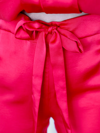 Nadine Merabi Darcie red silk satin pyjama set with feather-trim cuffs and hems, size XS.