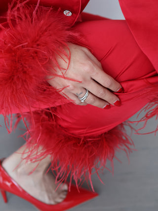 Nadine Merabi Darcie red silk satin pyjama set with feather-trim cuffs and hems, size XS.