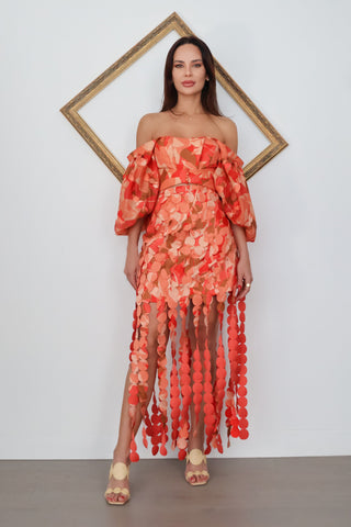 Acler Thurston Crop Top and Miranda Fringe Skirt Set Amber Bloom orange appliqué two-piece set with puff sleeves and cascading fringe detailing.