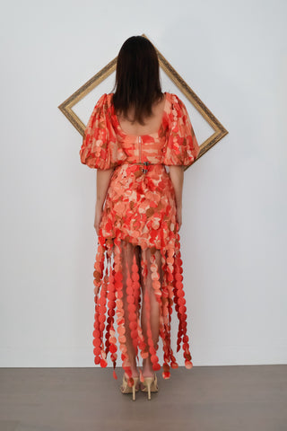 Acler Thurston Crop Top and Miranda Fringe Skirt Set Amber Bloom orange appliqué two-piece set with puff sleeves and cascading fringe detailing.