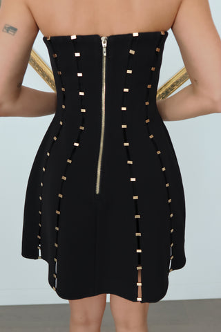 Acler Rossgreen Mini Dress black strapless crepe mini dress with gold-tone bar seam embellishments and exposed zip back detail.