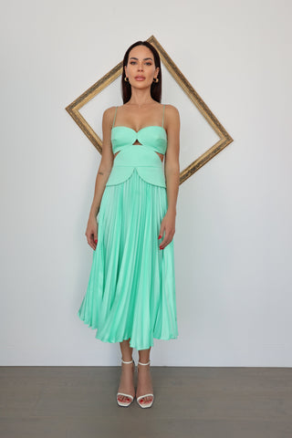 Acler Atholton Midi Dress in Arctic Mint featuring a structured cut-out bodice, delicate straps, sculpted waist detailing and flowing pleated midi skirt.